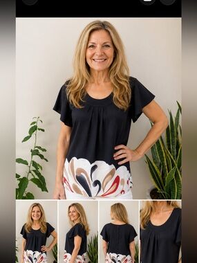 Strech black short sleeve blouse with flowers S 1X